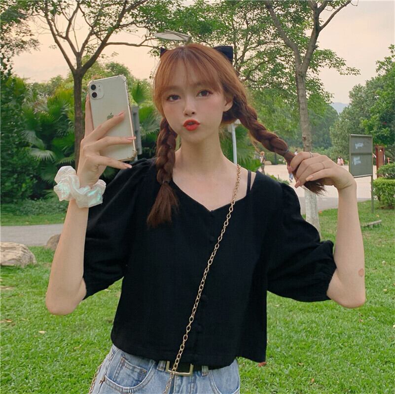 パフスリーブ優しい上着新しい2020夏薄手のレディースシャツウエスタン気質ルーズブラックシャツ 1号婦人89269253942