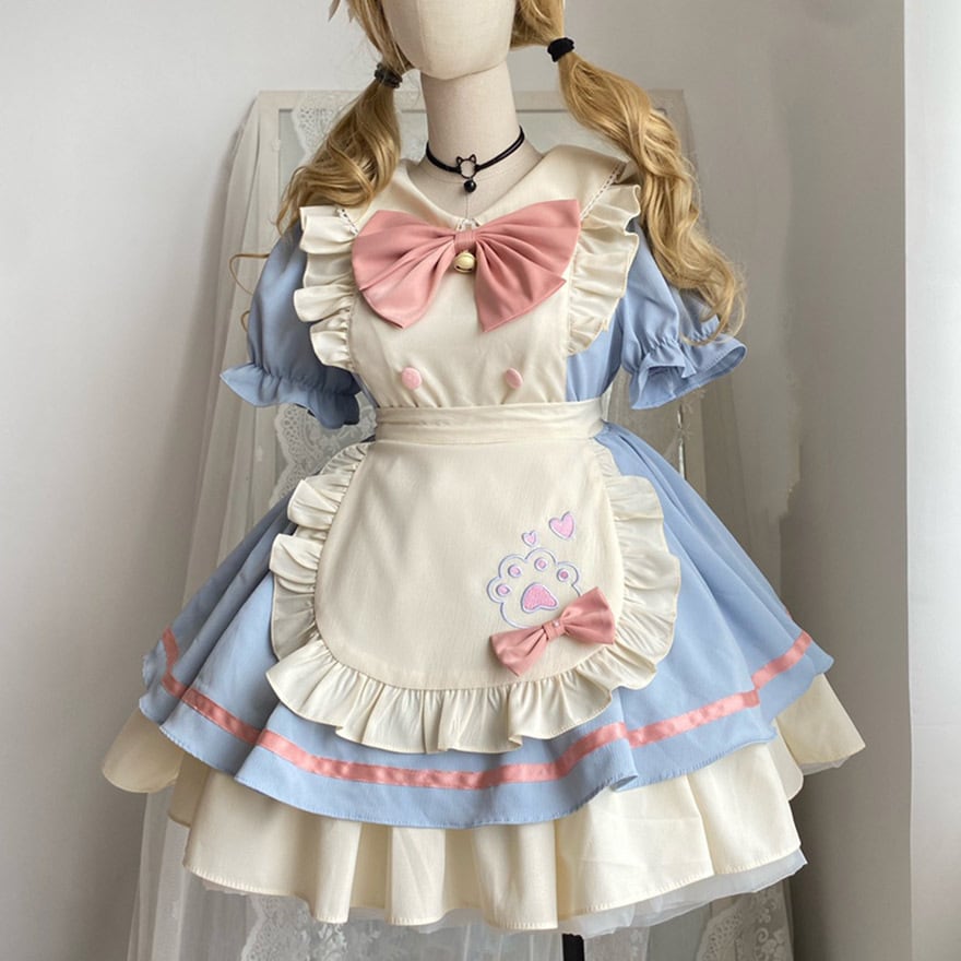 ワンピース パフスリーブ フリル リボン エプロン メイド服 コンカフェ