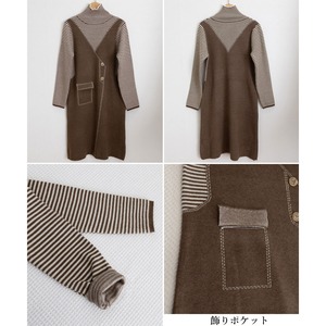 レイヤード風 ワンピース 長袖 レディース 秋冬 韓国 重ね着 ボーダー きれいめ おしゃれ 大人 カジュアル かわいい 膝丈 ハイネック ニットワンピース 配色 大人可愛い 大人女子