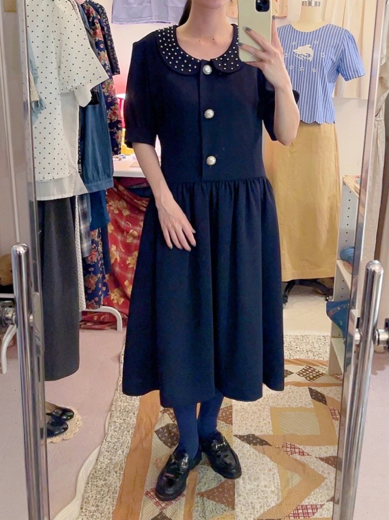pearl big button gather one-piece