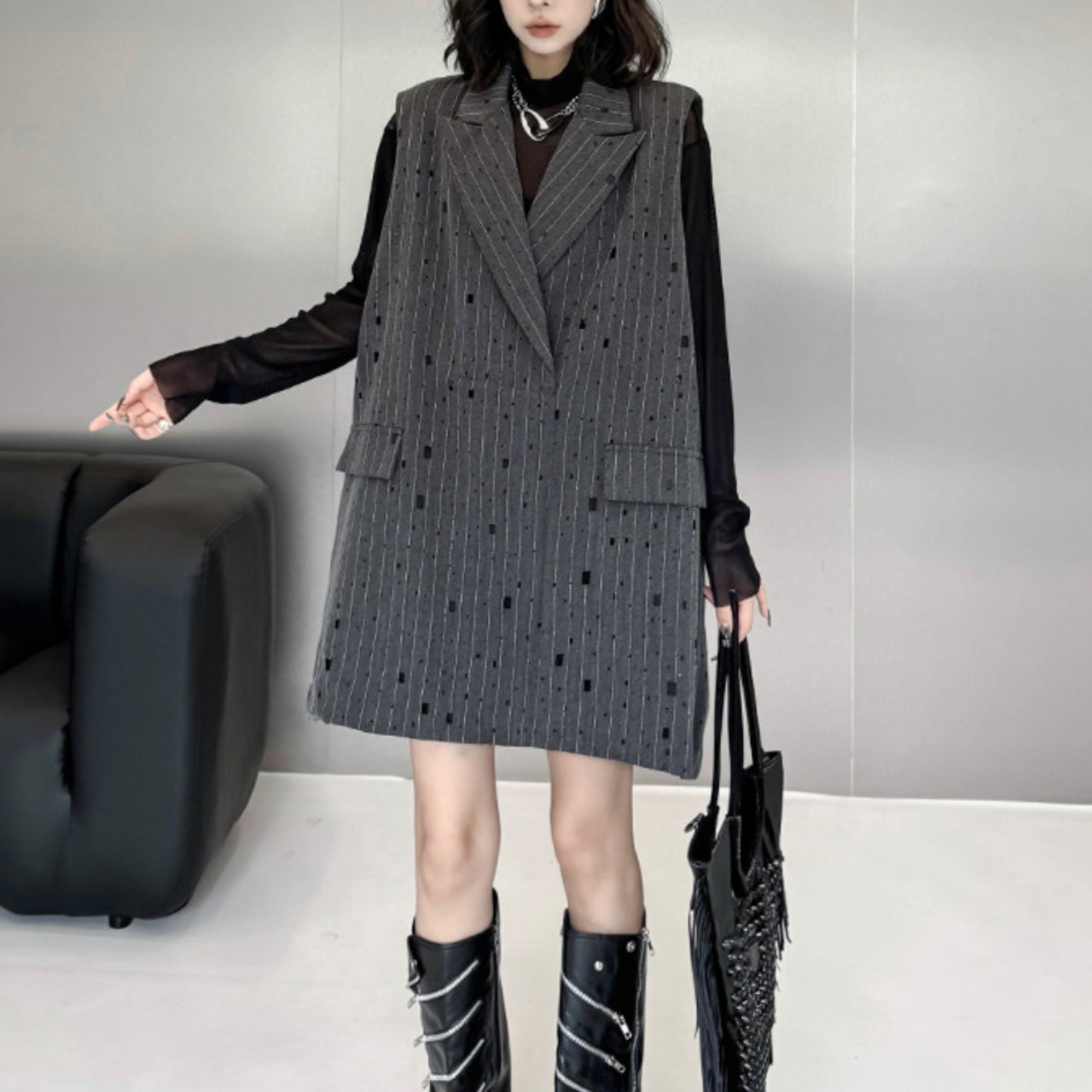 Rhinestone Mid-Length Striped Suit Vest Dress (ME340)