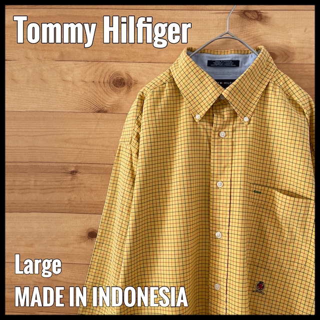 【Tommy Hilfiger】長袖シャツ 刺繍ロゴ ボタンダウン 黄色 チェック柄 柄シャツ 柄物  L トミーヒルフィガー US古着