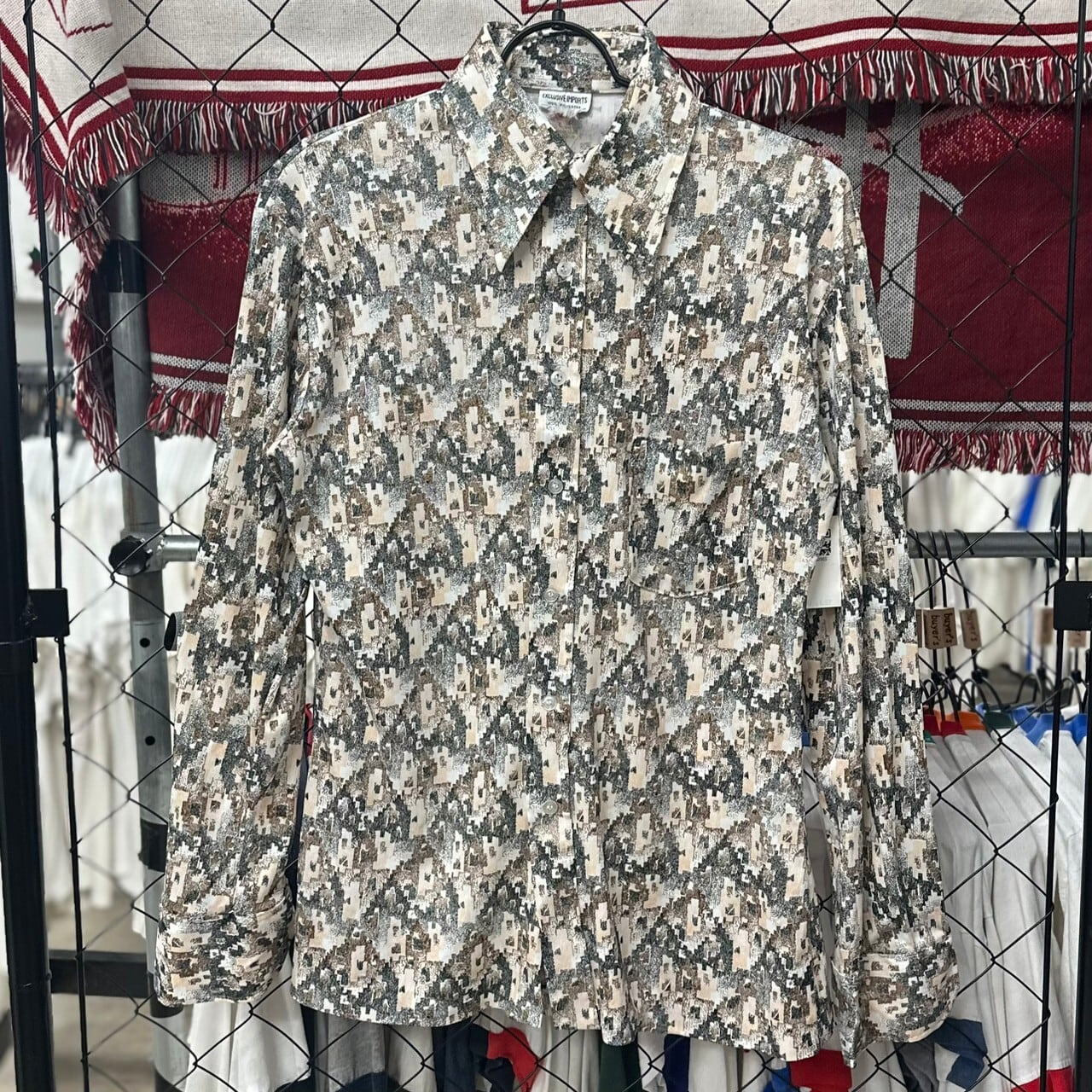 90s ヴィンテージ【Vintage】総柄 幾何学 和柄 デザイン シャツ-