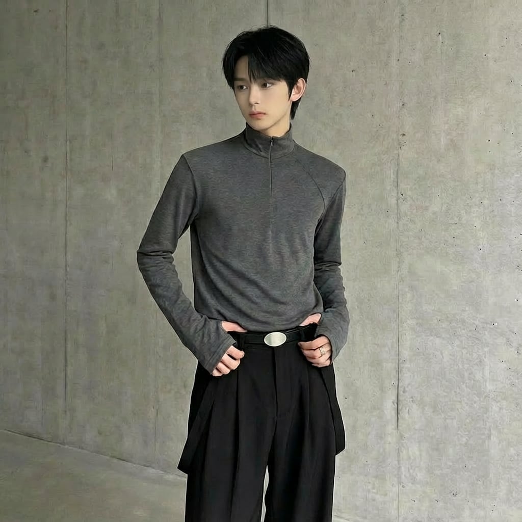 ハーフジップ ハイネック長袖Tシャツ 3カラー D12080