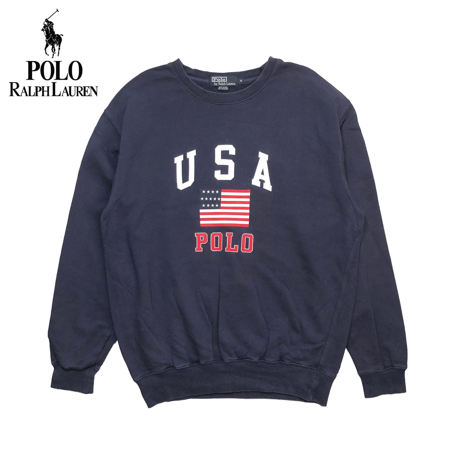 USA 古着 スウェット トレーナー ポロラルフローレン Polo Ralph Lauren プリント 星条旗 ロゴ ネイビー メンズM BD1270