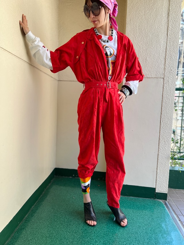 Vintage red design cotton jumpsuits ( ヴィンテージ レッド デザイン コットン ジャンプスーツ )