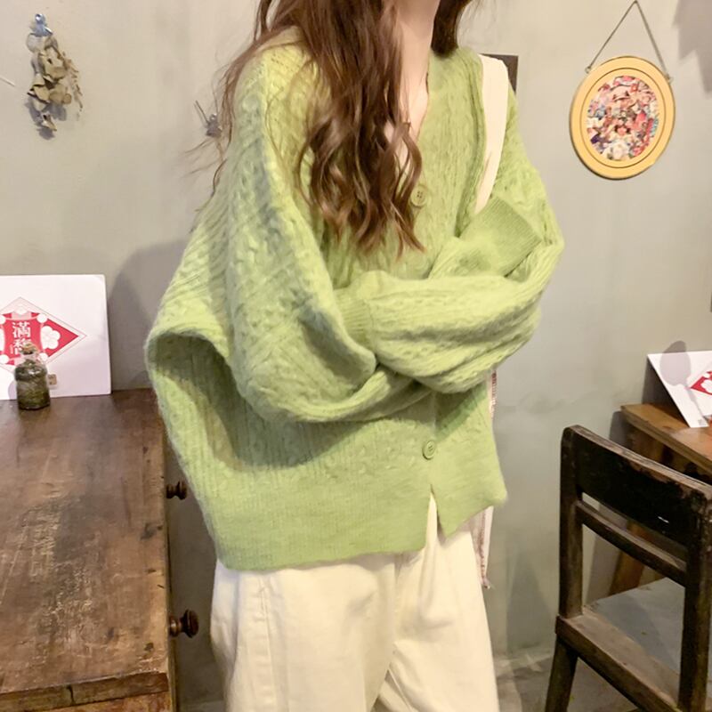 グリーンセーター ジャケット スプリングオータムルーズVネックニットカーディガン 春物 秋物 スーパーモール75365452176