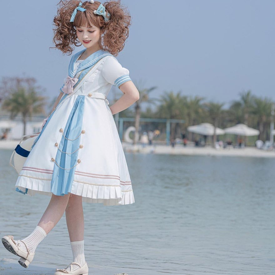 ゆめかわいい ワンピース セーラー服 マリンコーデ ふんわり ネイビー