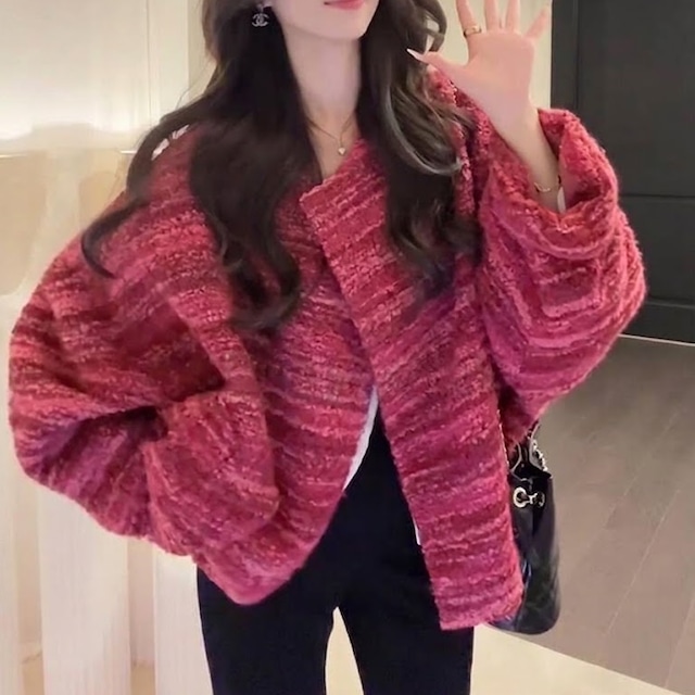 rose pink chunky tweed cardigan jacket<o3166>