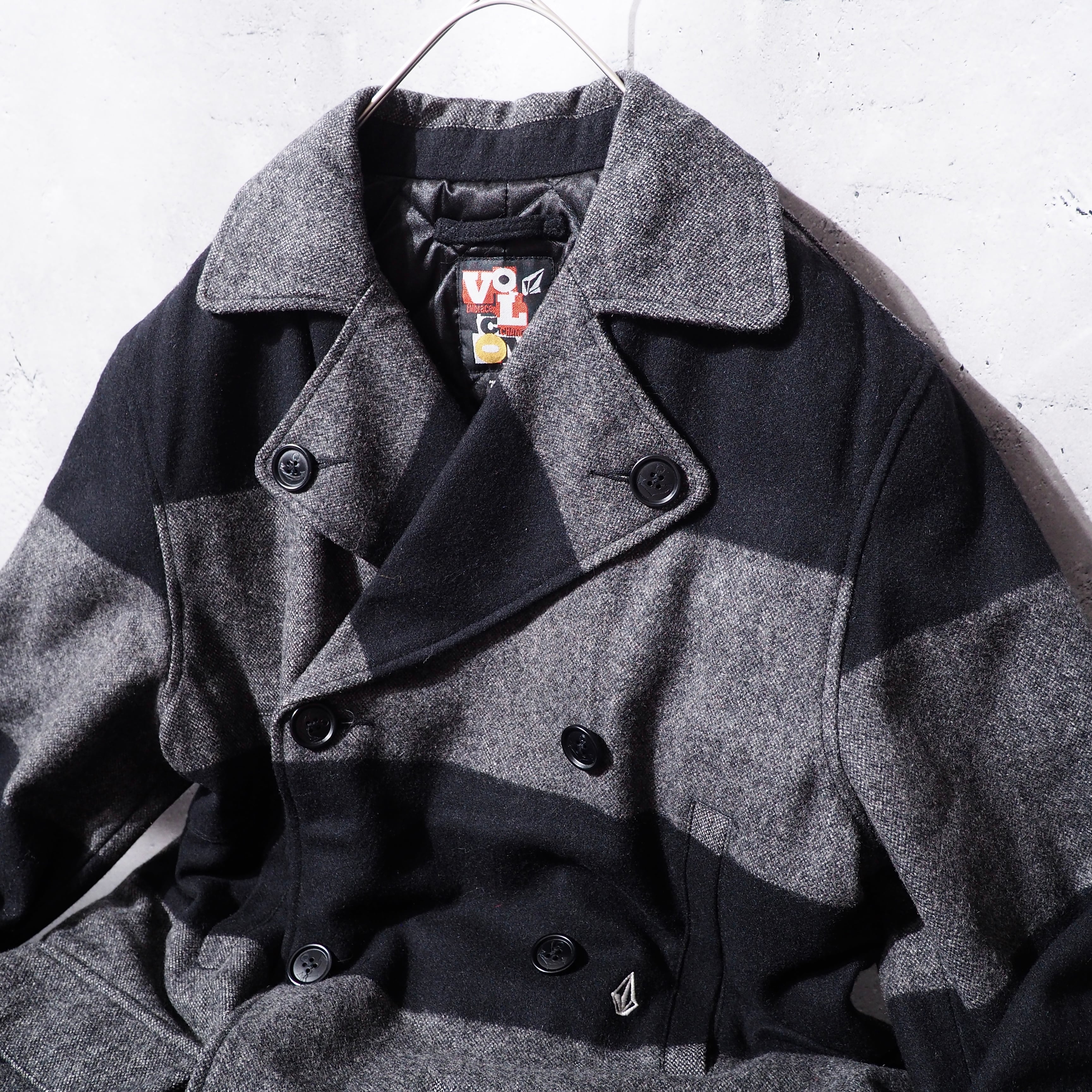 2000s " VOLCOM " Black × Dark grey Fat Border pattern wool Pea coat