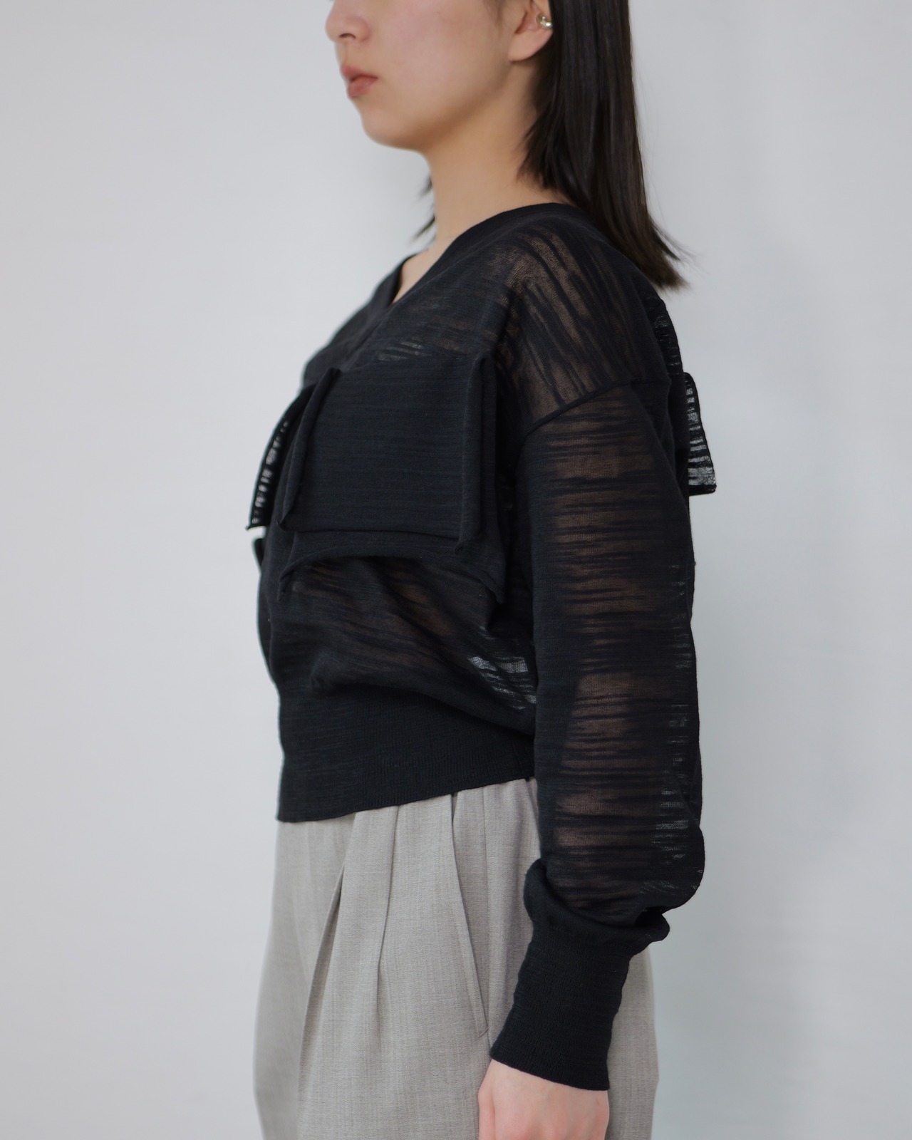 kotohayokozawa - TD V-NECK SHEER KNIT ：Black｜シアー／Vネック／デコレーション