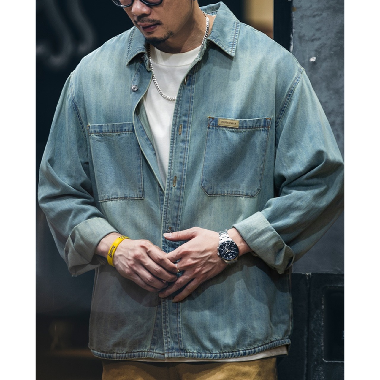 Long Sleeve Denim Shirt Button Down Patch Pocket ◇2color H0243