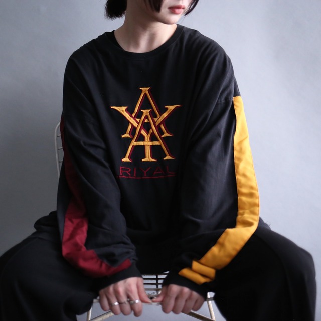 "刺繍" bi-color sleeve line 3XL over size l/s tee