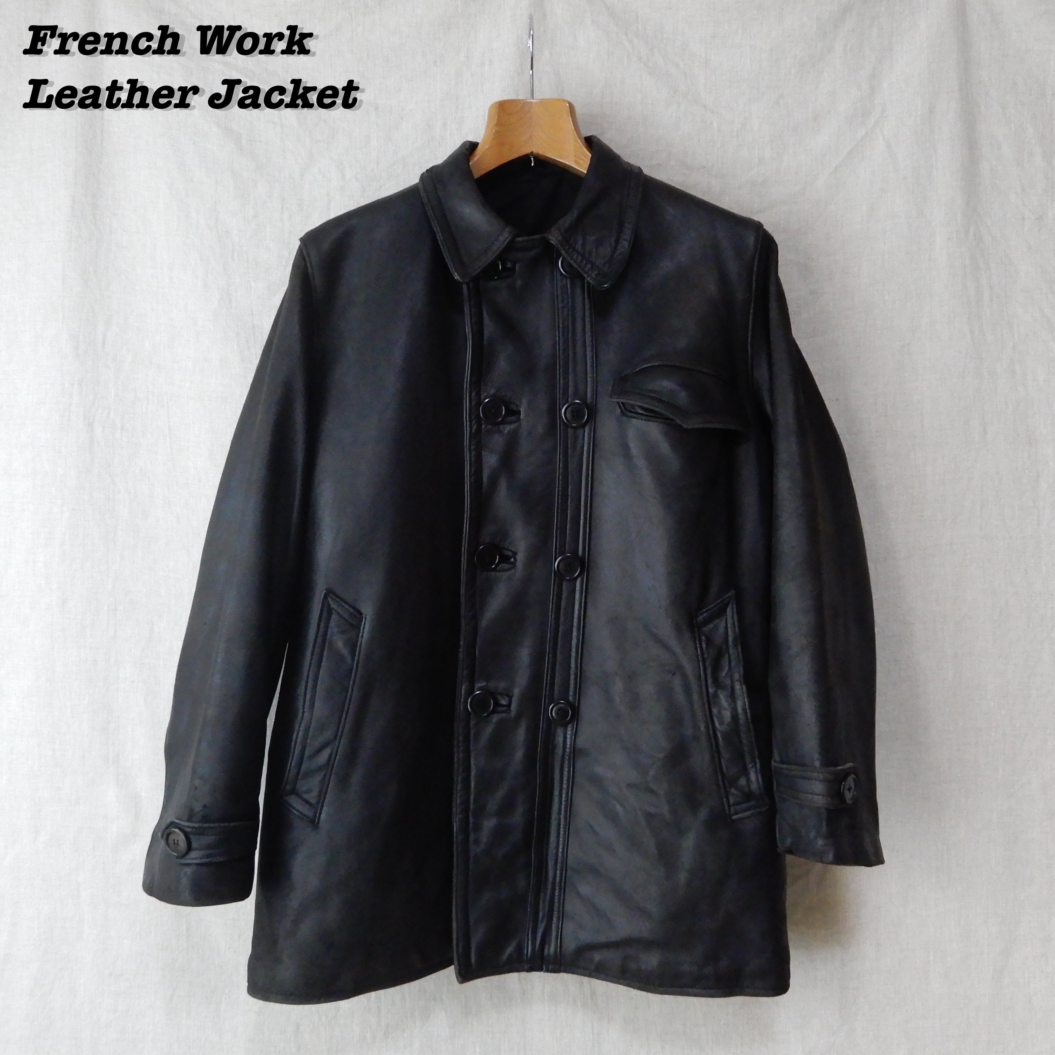 French Work Leather Jacket Black Vintage