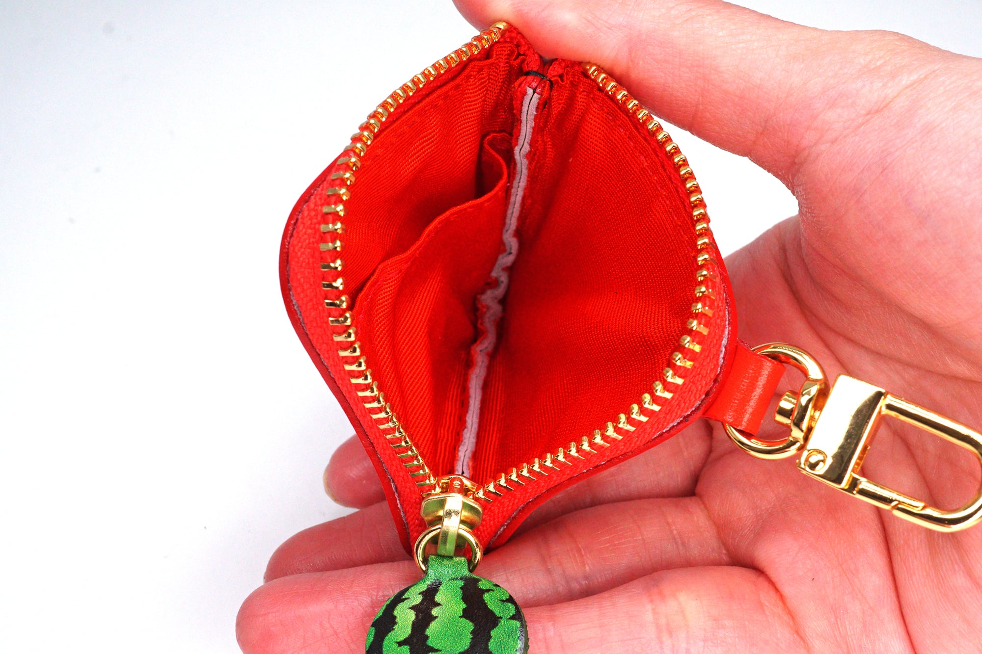 ナスカン付きミニチュアL字ファスナー小銭入れ／カットスイカ（牛革製