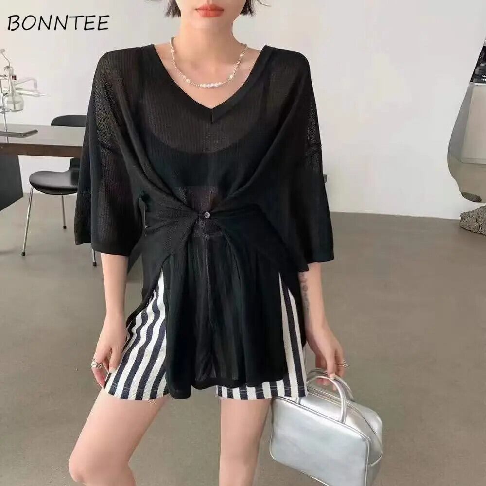 【新作】【送料無料】 Tシャツ女性ひだ薄手の女性の気質スタイリッシュな居心地の良い V ネック夏韓国スタイル学生インルース日焼け止め服 0250584175838