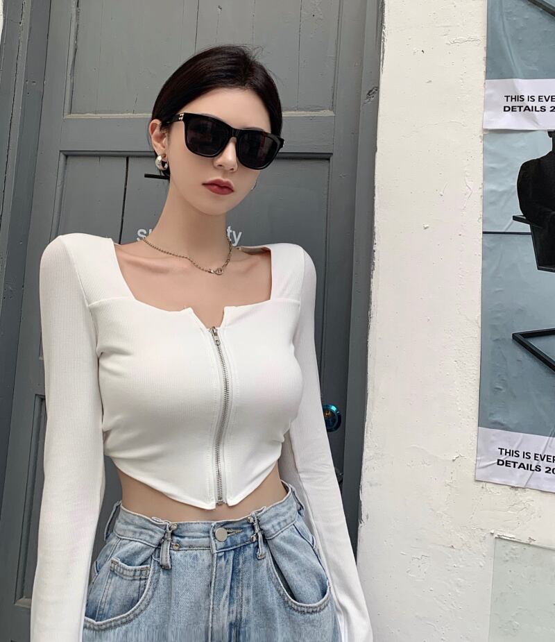 Tシャツ サマーホワイトショートジッパートップス ロング 夏物 ピュア ブラックストロベリース45388608968