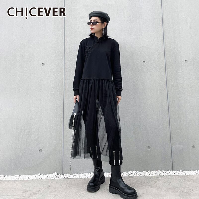 CHICEVERブラックTシャツレディーススタンドカラー長袖パッチワークメッシュシャーリングプラスサイズヴィンテージTシャツ2020 ロング 大きめサイズ ビンテージ 6base558651256957