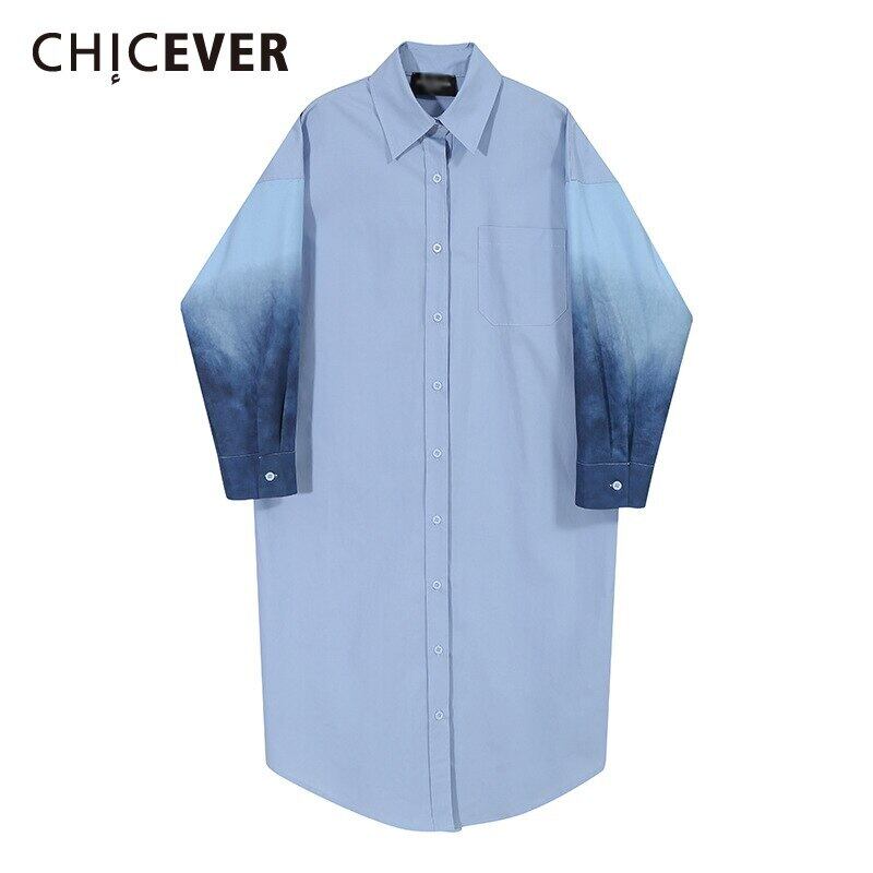 CHICEVERブルーストレートドレスレディースラペル長袖ヒットカラー特大ルーズシャツドレス2020オータムタイド ロング 秋物 6base543968985083