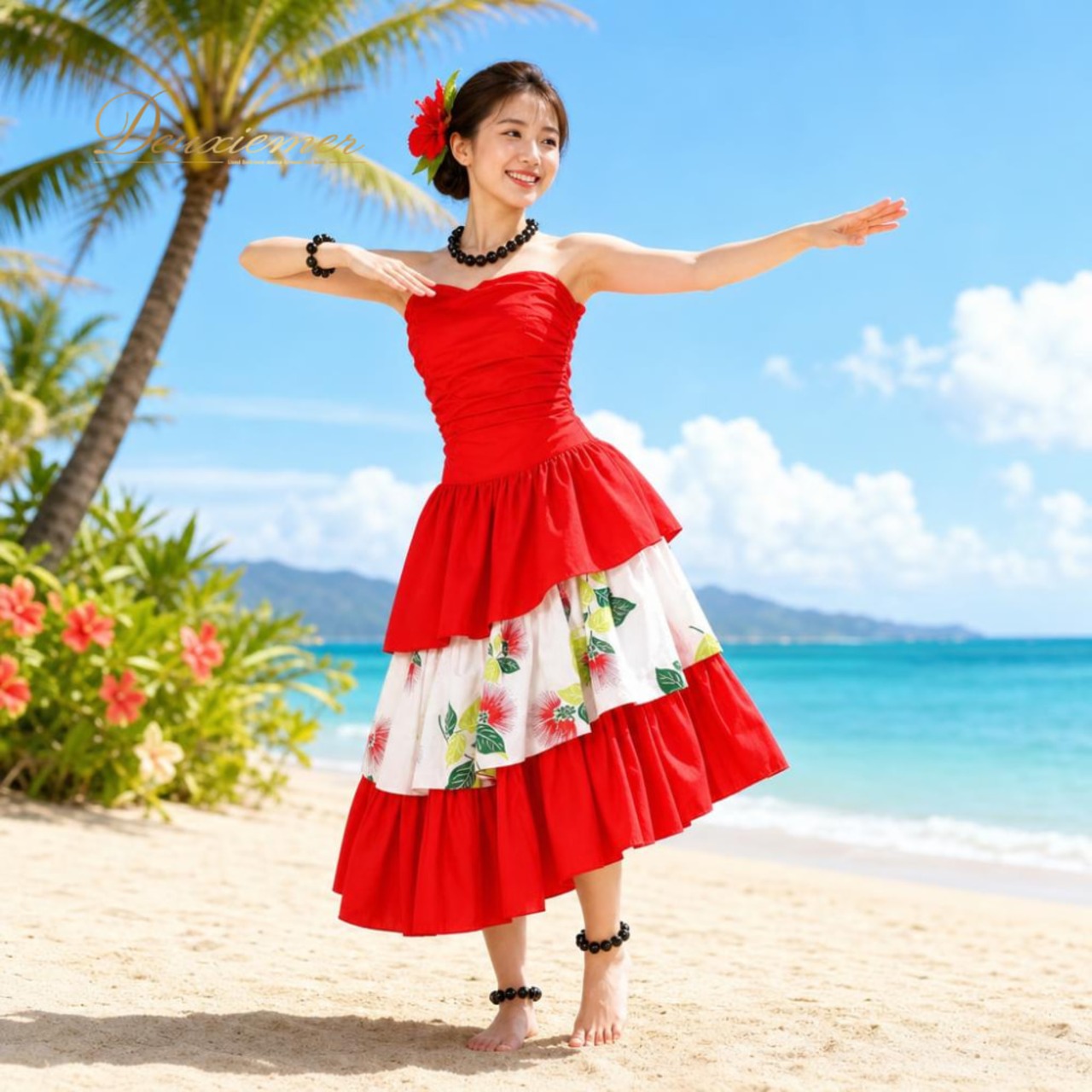 フラダンス 衣装 ALOHA STANDARDS アロハスタンダード ワンピース ドレス レッド系 花柄 植物柄 ハワイアンプリント ハワイアン アロハ フラ ダンス レッスン 練習 ハワイアンダンス フリル フレアスカート 赤 白 緑 黄緑 ホワイト系 グリーン系 華やか 鮮やか かわいい おしゃれ