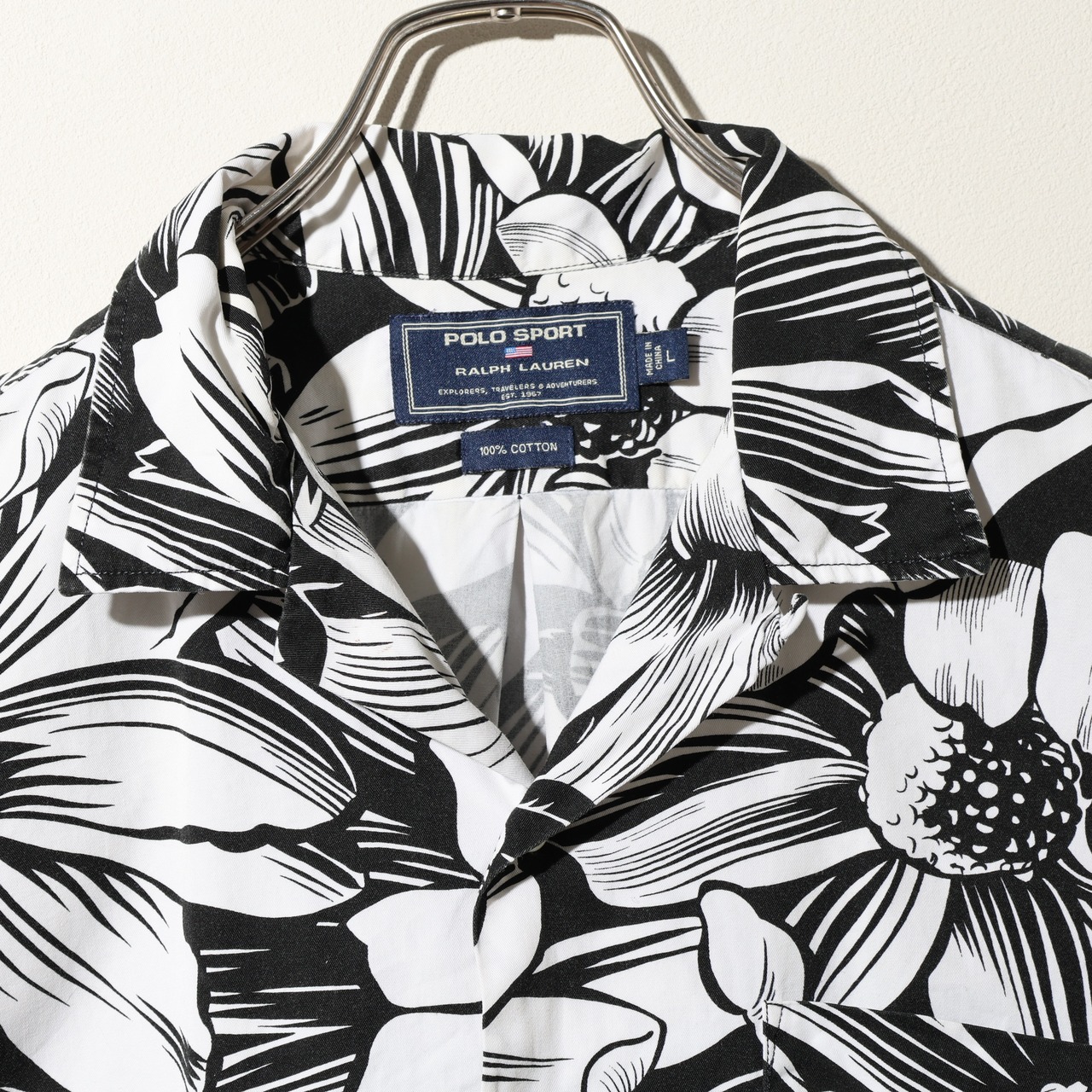 美品 L Polo Sport モノクロ 花柄 ポロスポーツ 半袖開襟シャツ
