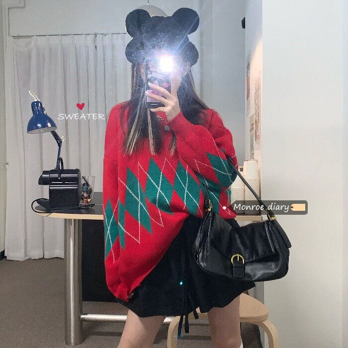 レッドセーター スタイルルーズニットトップス オータムウィンタースタンダードコート レトロ 秋物 冬物 モンロー37368690327