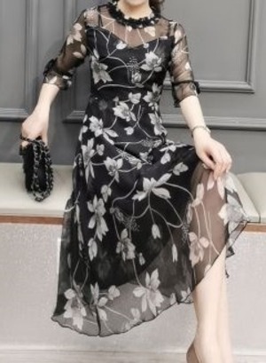 ★送料無料★9号（M)★プリントが美しい半袖フレア－ワンピース(OPN3299)