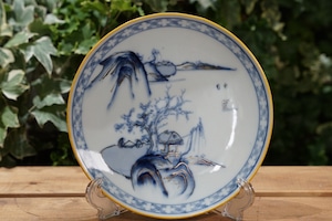 九谷焼 金彩 染付山水図 6寸皿a