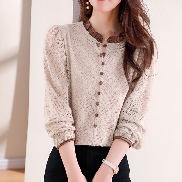 フリルスタンドカラー花模様トップス　BM0708