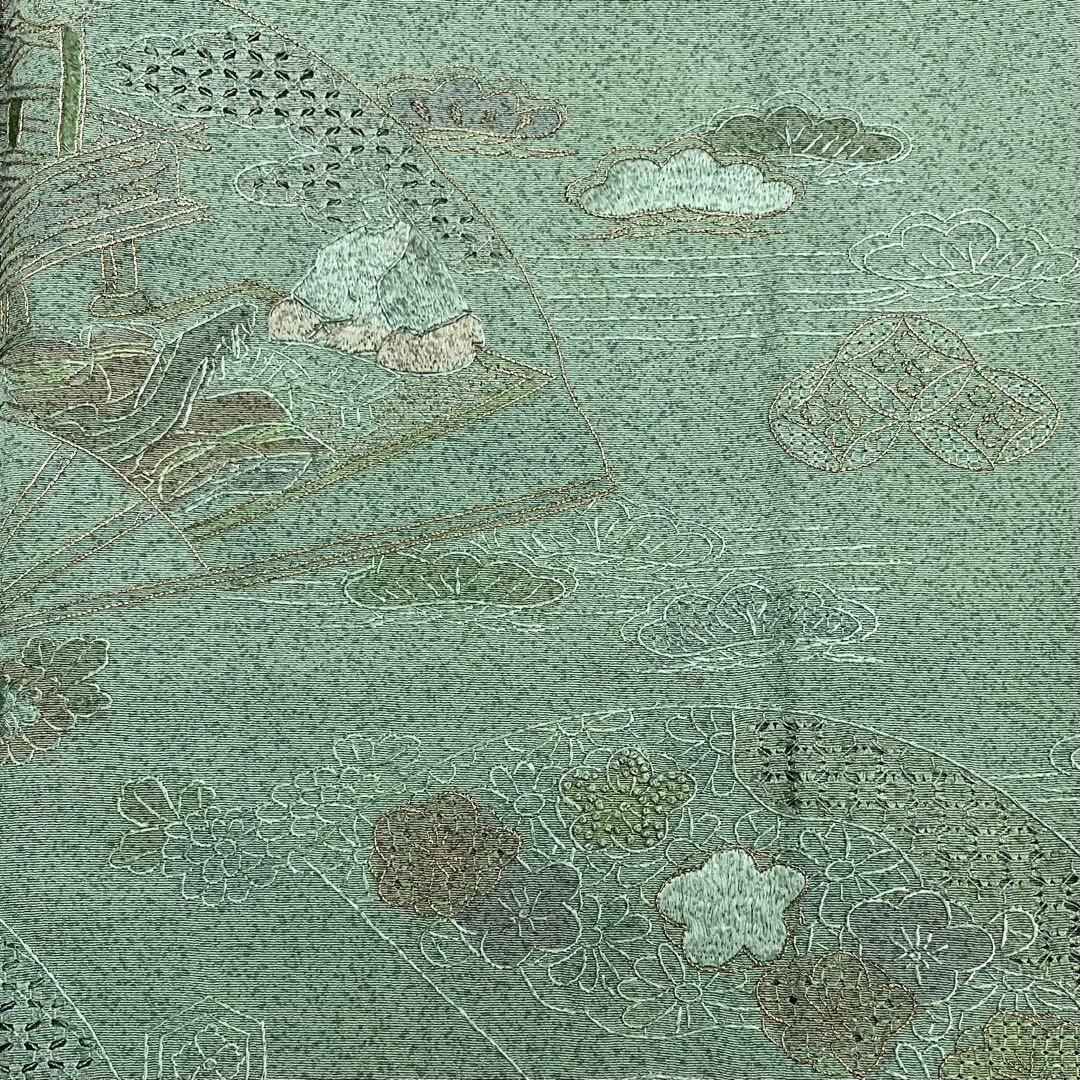 付下げ 中国総刺繍 扇に四季の花柄模様 雪輪に亀甲 金糸 錆青磁色 K  
