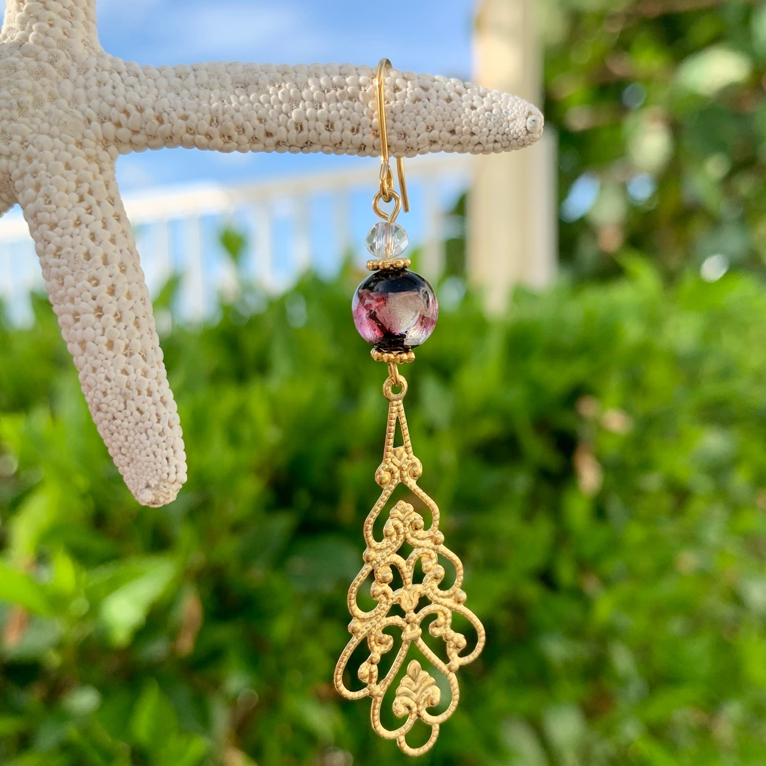 ハンドメイド　天然石　琉球ガラス　ルチルクォーツ　香水瓶　ピアス　イヤリング アクセサリー ハンドメイド 天然石 琉球ガラス ルチルクォーツ 香水瓶