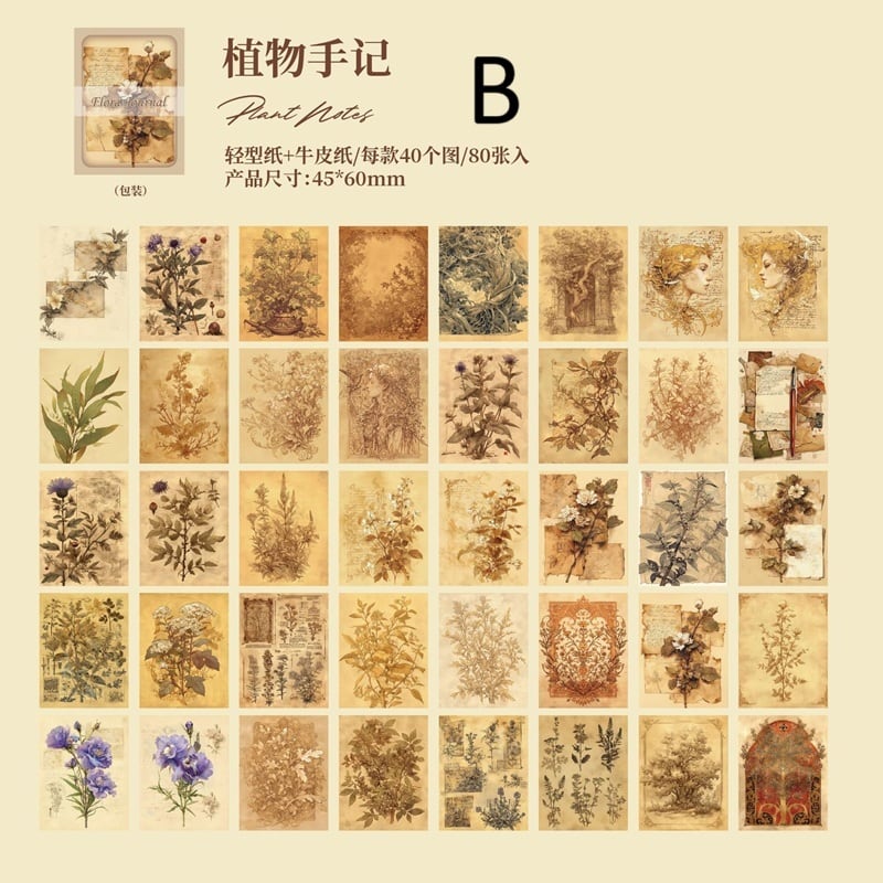 豆本 素材紙 80枚入 レトロ アンティーク調 絵画風 新聞紙 花 植物
