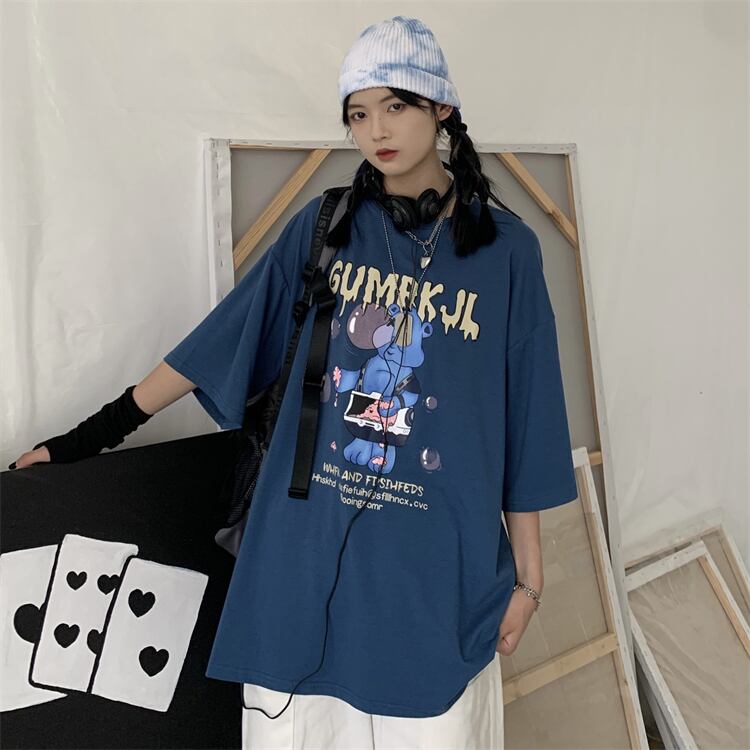 送料無料】KOREA ダークスタイルプリントルーズカジュアルTシャツ