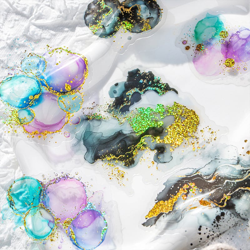 再入荷】箔押し ステッカー 全6種 15枚 PET素材 水彩 キラキラ 透明