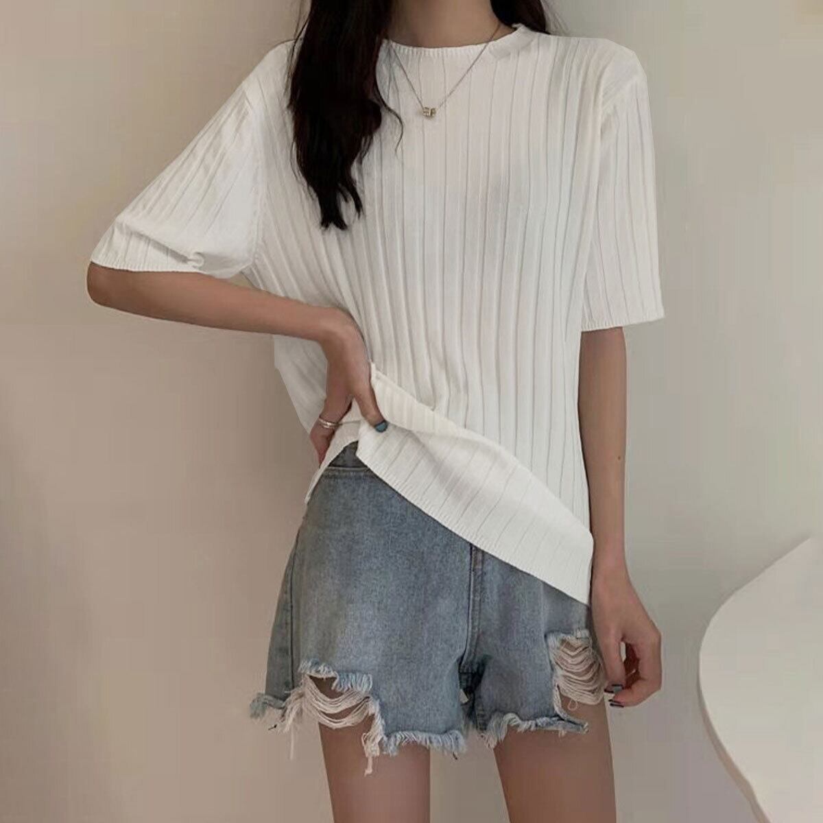 ニット 半袖 トップス レディース 春夏 韓国 きれいめ シンプル 大人 カジュアル リブニット 着回し サマーニット 薄手 オフィスカジュアル 通勤 ビジネス 大人可愛い 大人女子