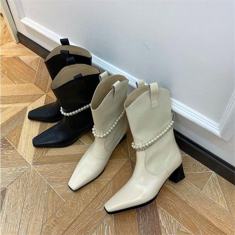 【新作】【送料無料】 ヴィンテージパールチェーンヒールブーツブラックベージュストレンジヒールヒールウィンターブーツ 靴 シューズ 冬物 真珠 ビンテージ 10b376887142425