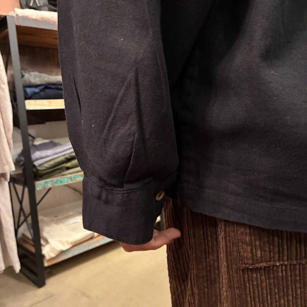 France type Farmer's shirt　フランスタイプ　ファーマーズシャツ　リネン　ロングスリーブ　ブラック染　クロ　黒　ファッション　ユニセックス　軍物　フランス軍　ミリタリー　後染め