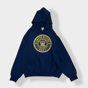 【SOFFE】USA製 ロゴ プリント UNITED STATES NAVY バックプリント パーカー プルオーバー スウェット フーディー hoodie M ネイビー ソフィー 米軍 アメリカ軍 ミリタリー us古着