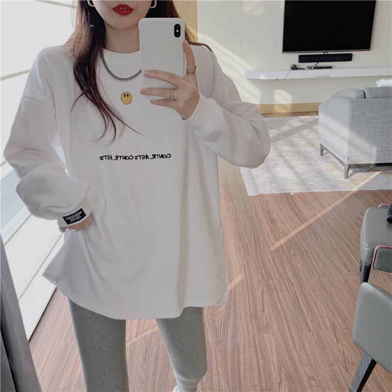 Tシャツ シャツ ルーズホワイトラウンドネックオータムウィンタートップス ロング 秋物 冬物 Oネック ブラックストロベリース39357724873