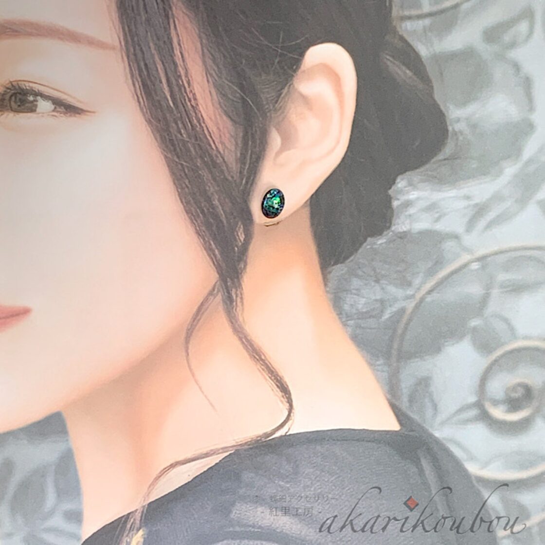 予約商品》【K18】螺鈿ピアス 楕円形 螺鈿 プラチナ箔 純金箔 漆 