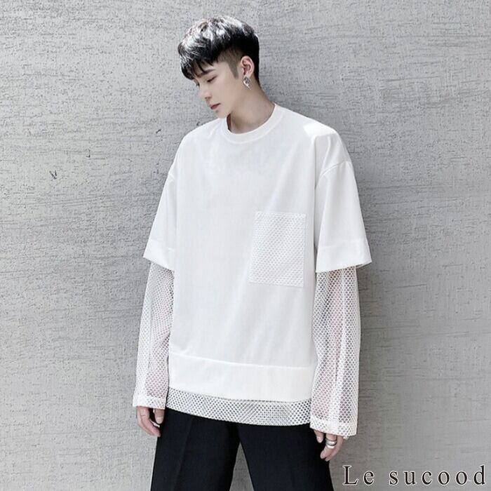 フェイクレイヤード 長袖ドレスシャツ プリーツ シンプル お洒落 お支払い確認後20日以内発送】Le sucood メッシュレイヤード風