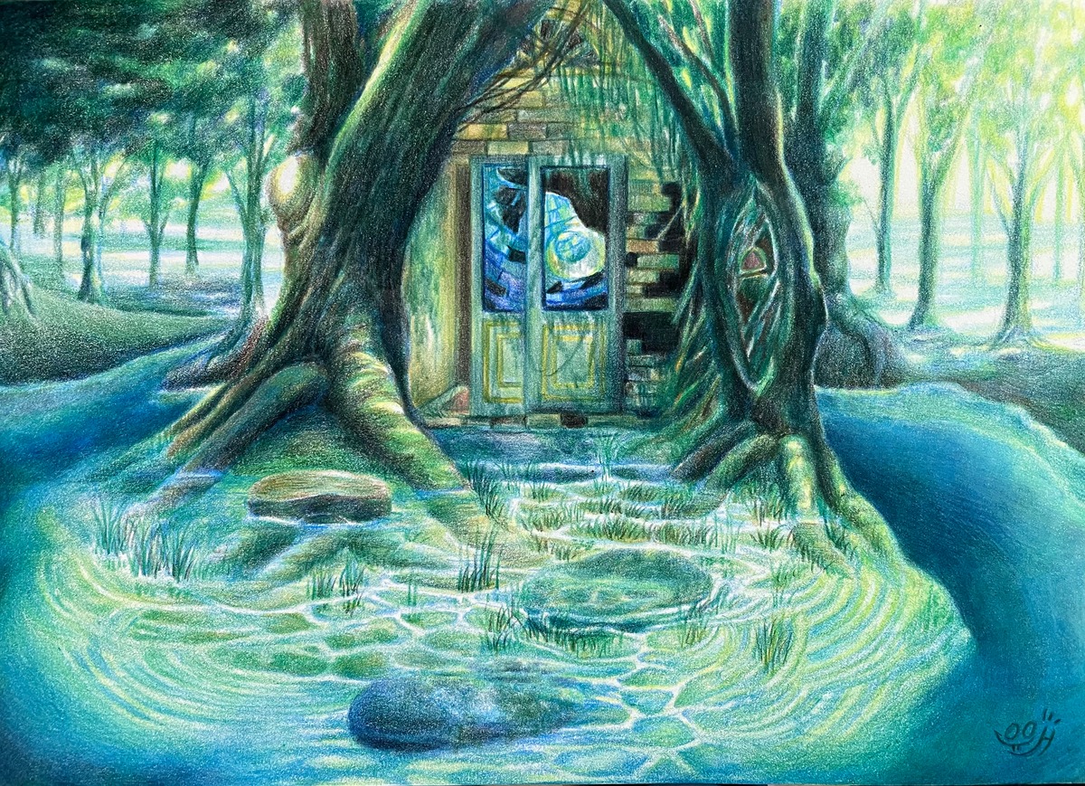 異世界エレベーター 色鉛筆画 原画 色鉛筆 アート 森 絵 イラスト 