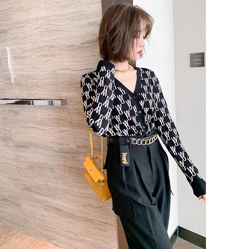 ジャカードVネックニットカーディガンオータム ロング 秋物 MIUCO87316575252