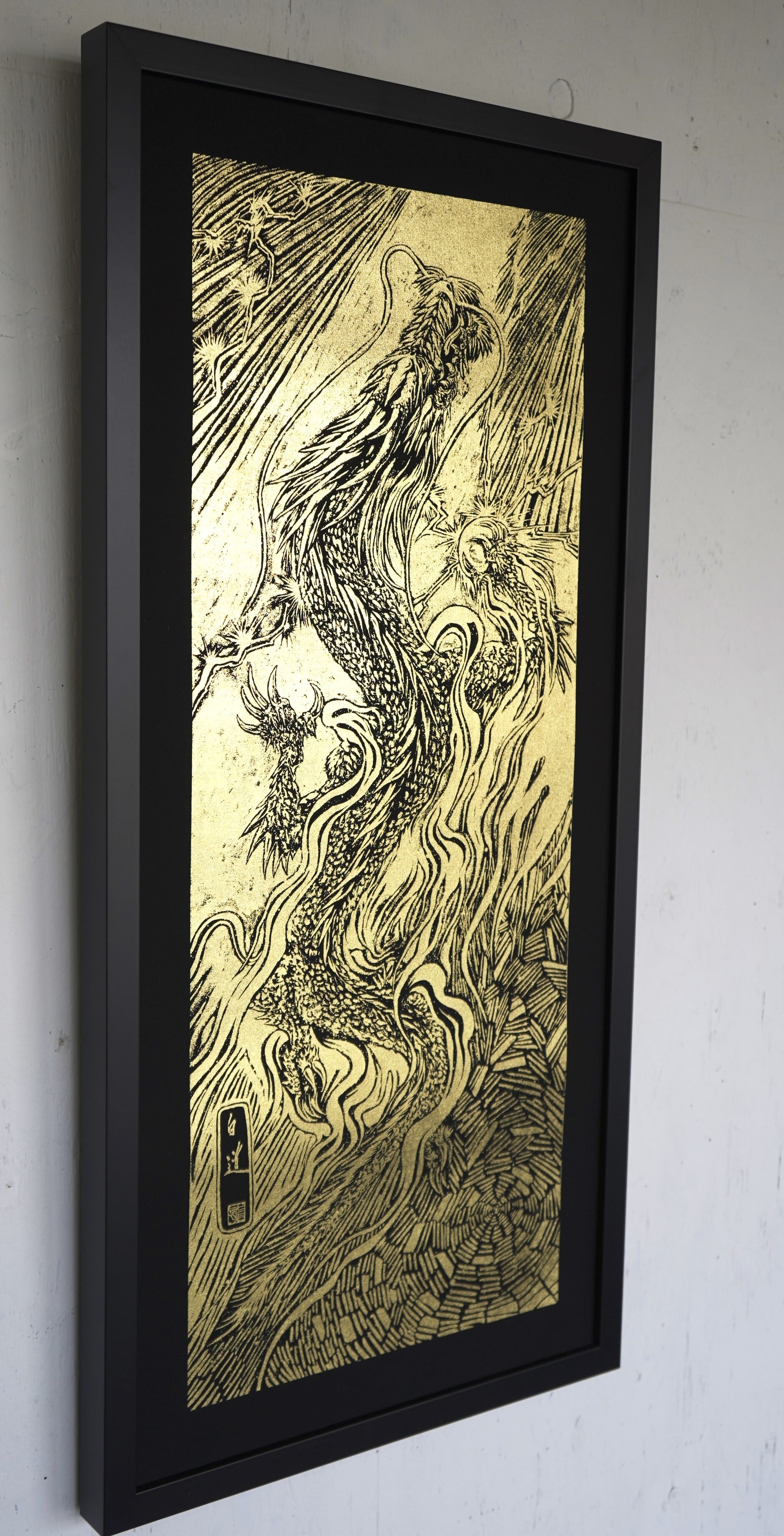 NEW! 現代水墨画家 絵師白道 「黄金昇龍」箔押し作品 額装タイプ（小