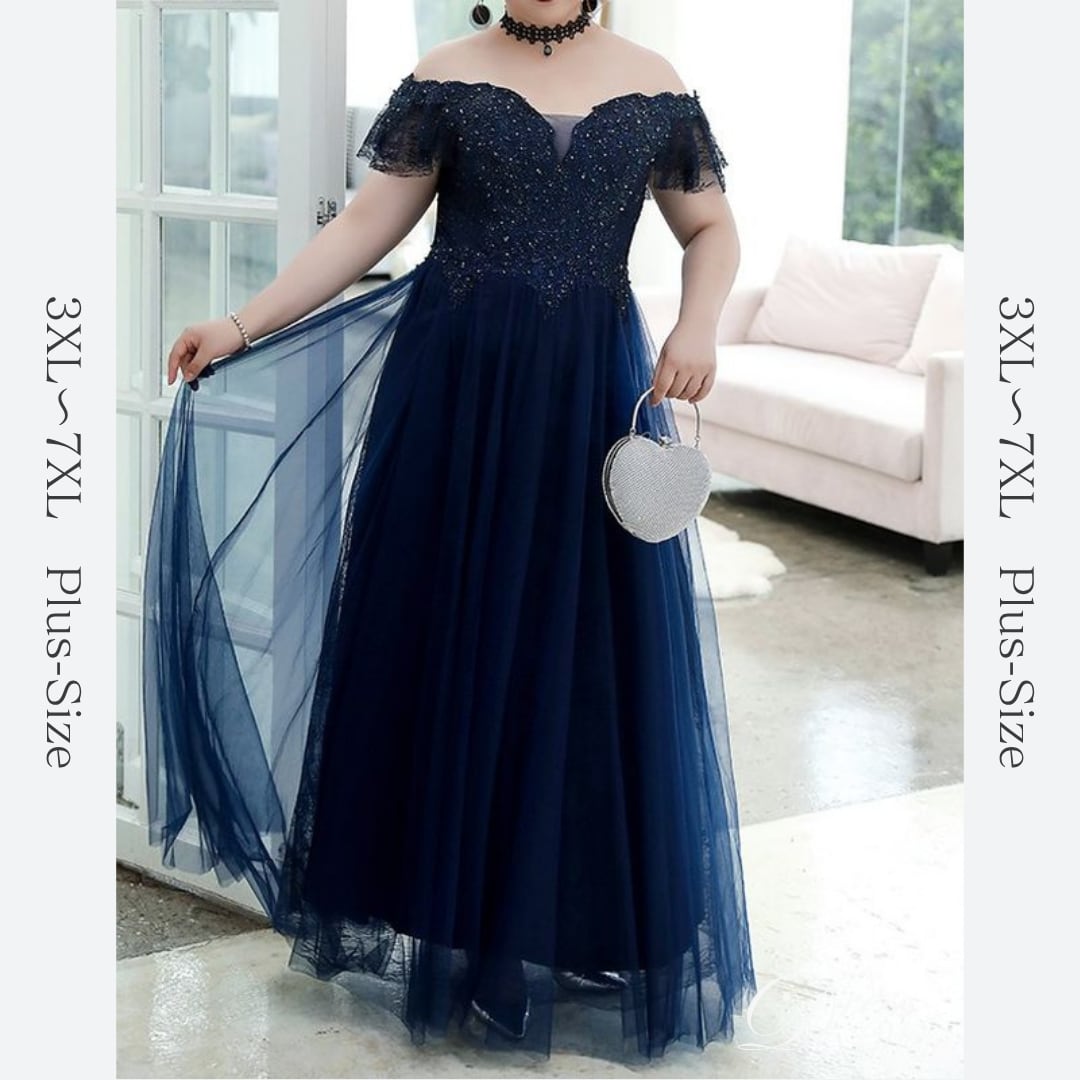 【3XL〜7XL】オフショルダーチュールドレス D1580