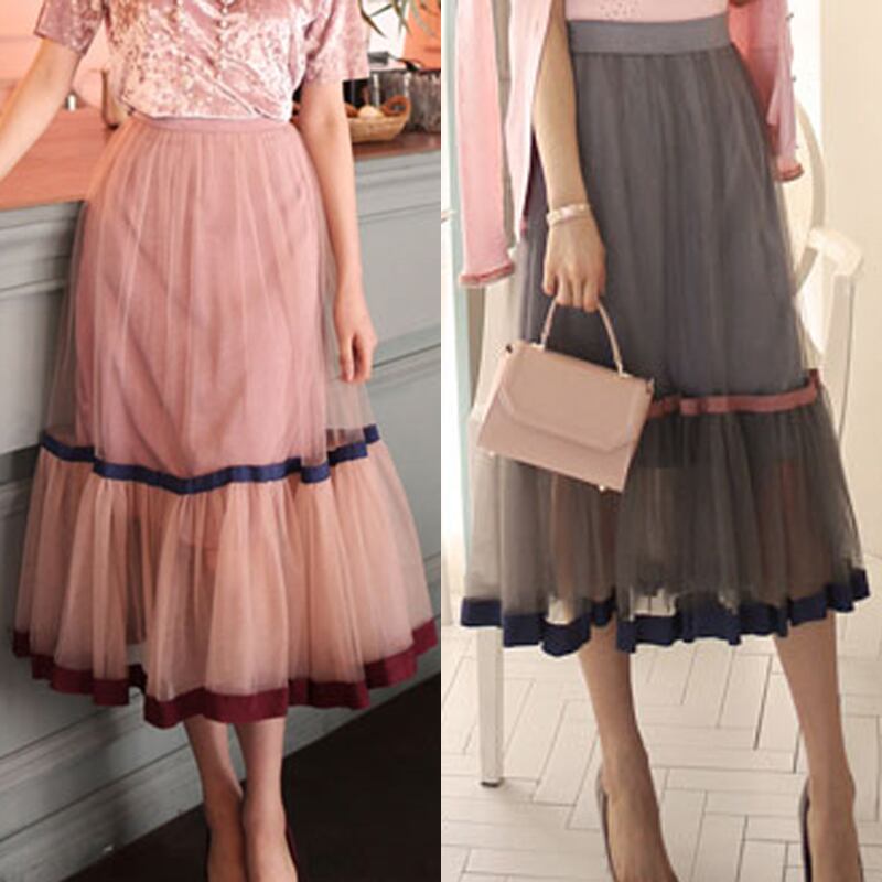 裾切り替えチュールミモレ丈スカート