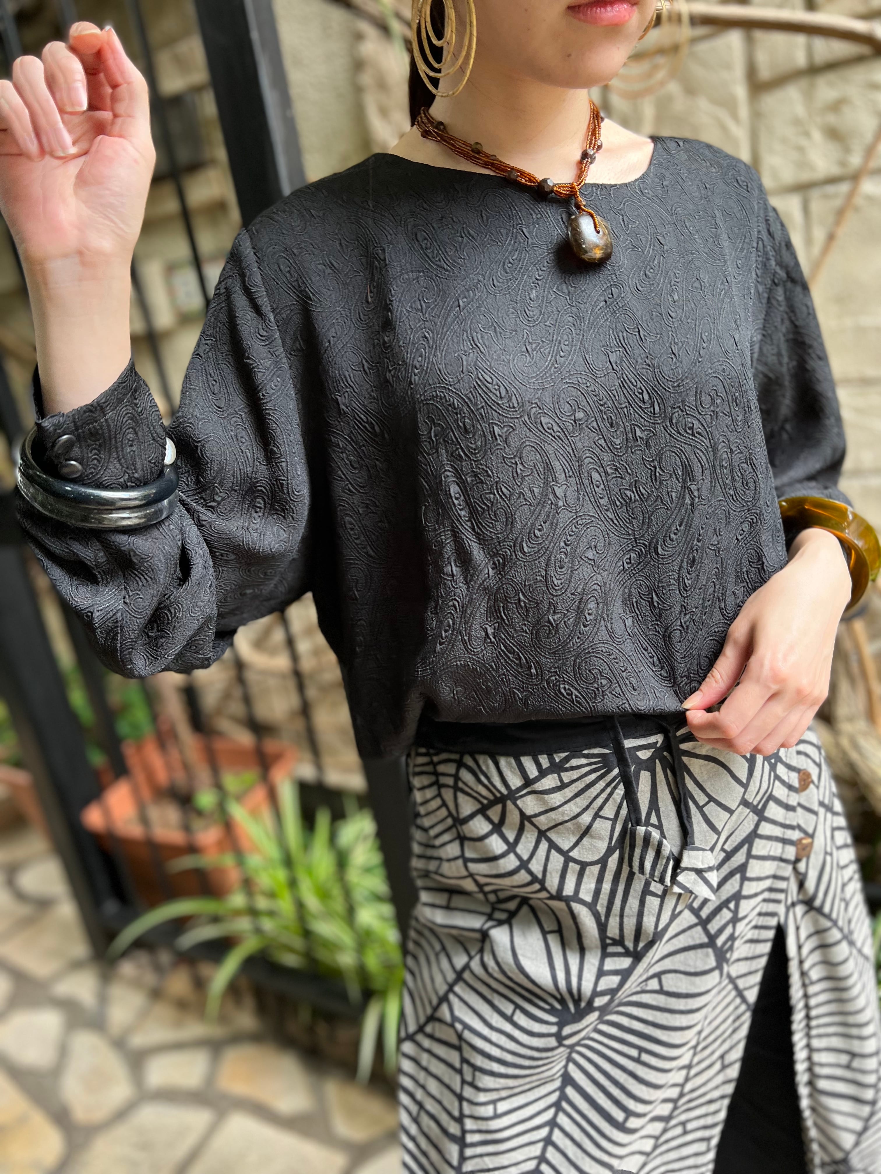 80s black × paisley simple poly tops ( ヴィンテージ ブラック × ペイズリー柄 シンプル ポリ トップス )