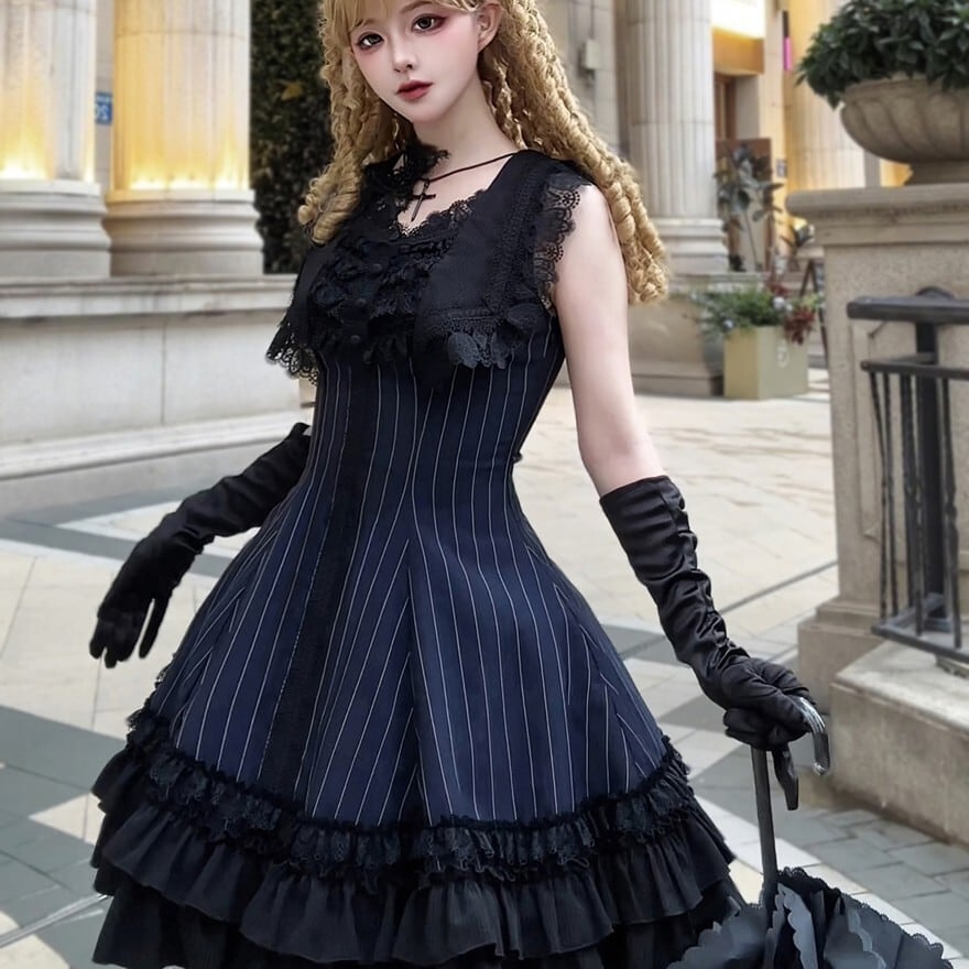 ゴスロリ ドレス ジャンパースカート ジャガード織り フリル レース