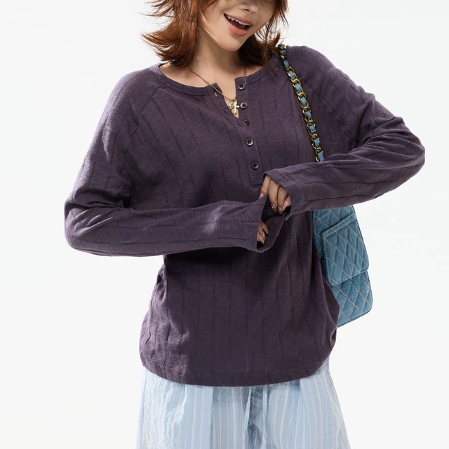 random-line henley veck long tee　ランダムラインヘンリーネックロングティー　J2111