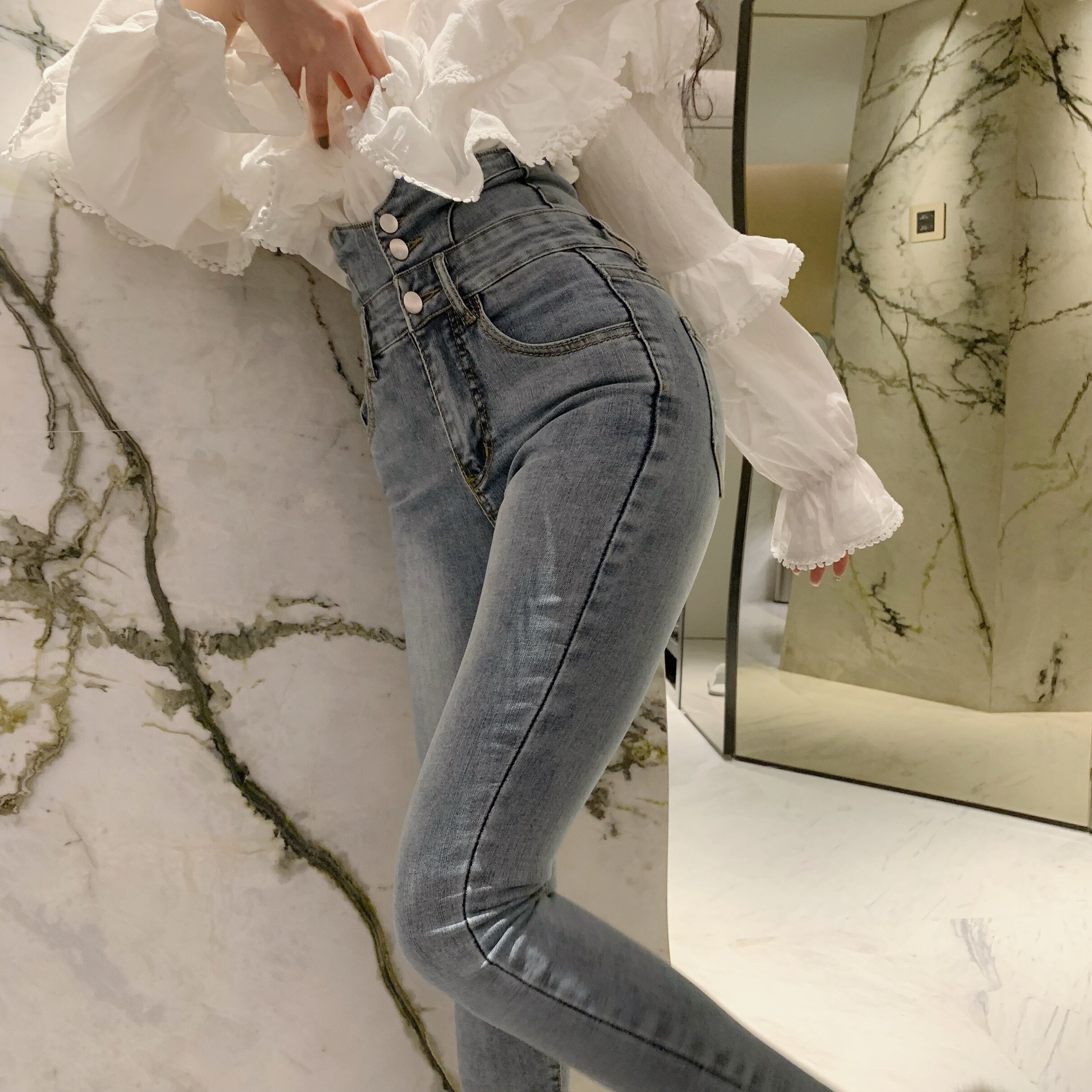 2019新しい秋の女性のパンツレトロオールマッチレディースジーンズスリム痩身足ハイウエストペンシルパンツ 1号婦人92398495544